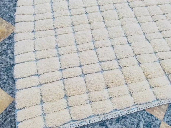 
Lux Wool Moroccan Rug, Modern Beni Ourain, Handmade Wool Carpet, Moroccan Grid Rug, Cream Blue Rug, Minimalist Moroccan Decor, Berber Style Rug, Atlas Mountains Rug, Custom Moroccan Rug, Soft Wool Area Rug, Luxury Handmade Rug, Modern Neutral Rug, Moroccan Artisan Rug